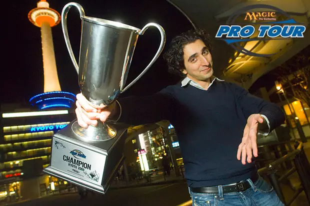 Gab Nassif holding the Pro Tour Kyoto Pokal